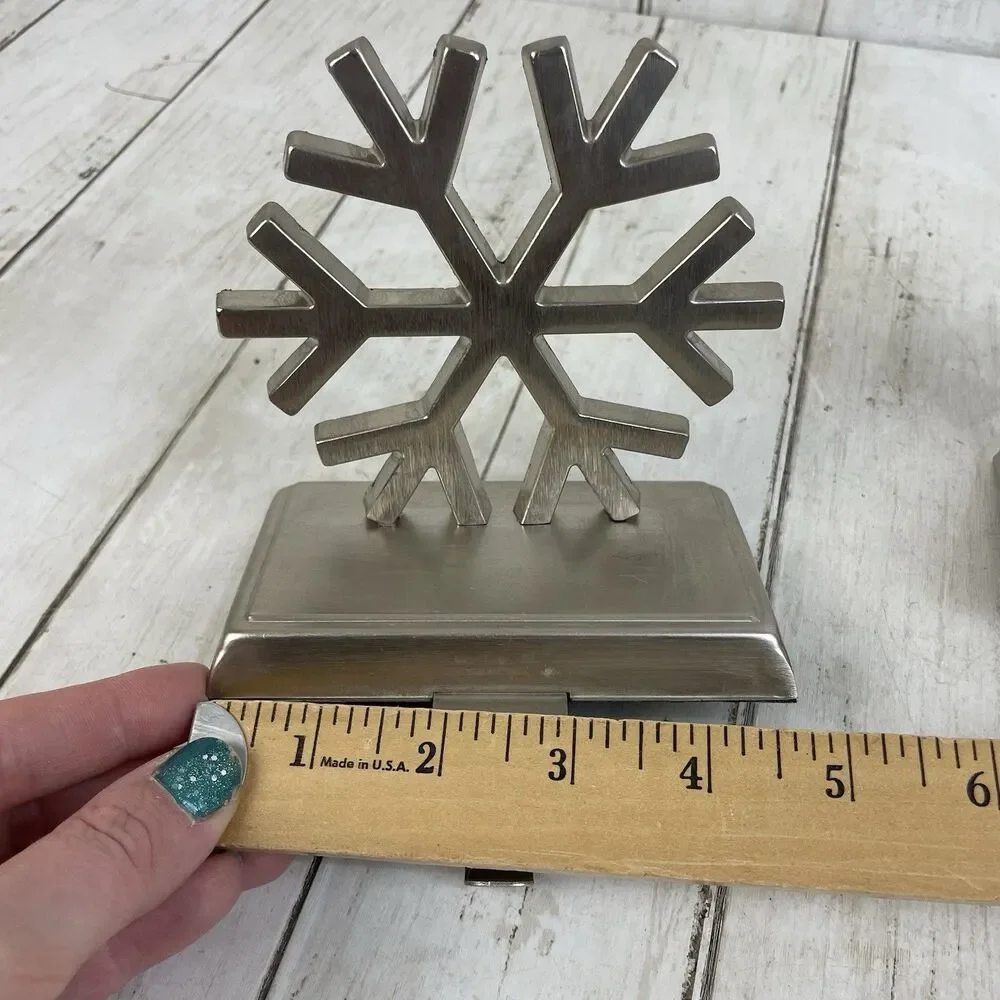 2 Metal Snowflake Christmas Stocking Holders Silver Tone